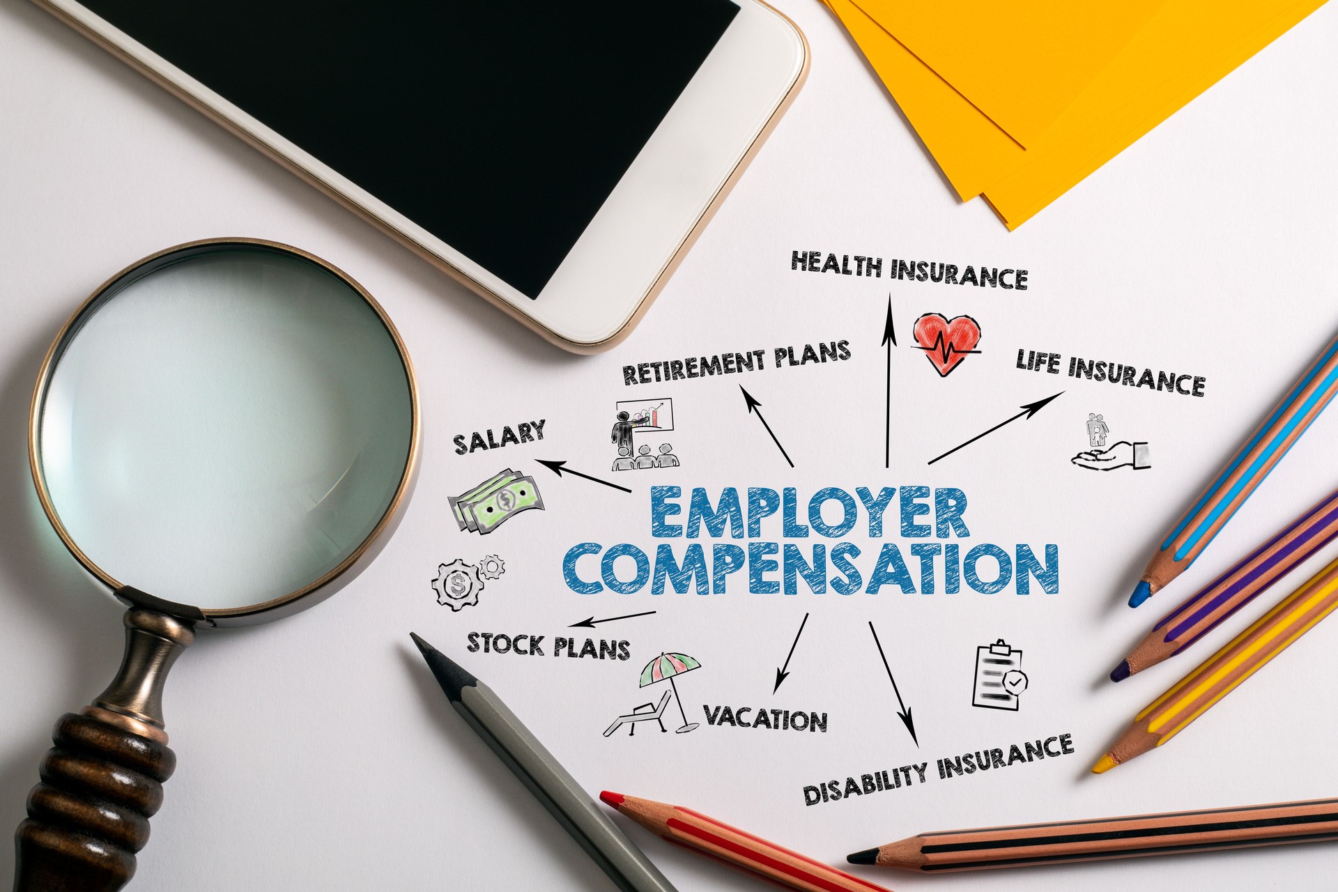 Employer compensation. Salary, Retirement, Insurance and Vacation concept. Chart with keywords and icons